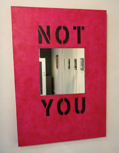 "Not You" - 2014 - Installation view from Santa Fe exhibit 28' x 40" Encaustic on panel, glass mirror, oil